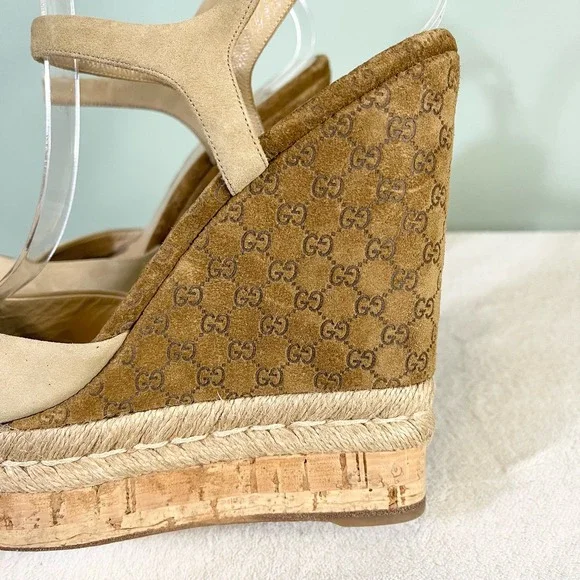 GUCCI Women's Tan GG Logo Platform Cork Wedge Espadrille Sandal Size 37.5 - Picture 9 of 13